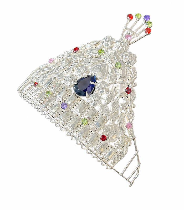 Elegant Silver Filigree Crown Hair Accessory with Multicolor Crystals